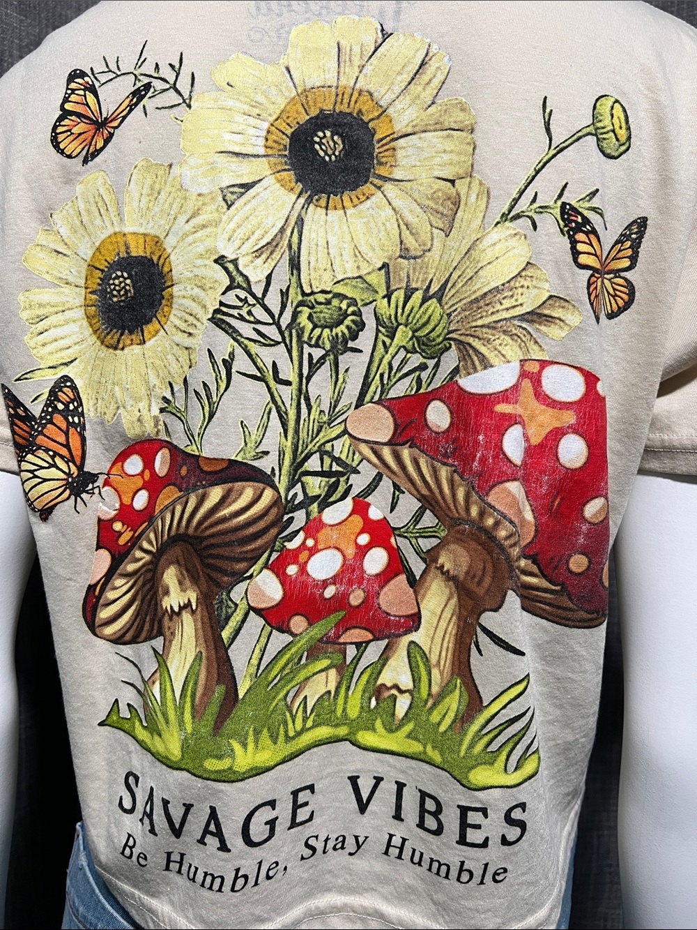 Savage Vibes Graphic Boxy Tee with Yellow Flowers, Mushrooms & Butterflies Small - Picture 4 of 9